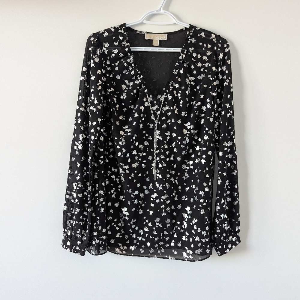Michael Kors Women's Black Floral Blouse, Size Small Metallic Gray